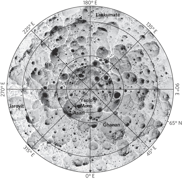 Map showing permanently shadowed regions around Ceres’ north pole. Image: Platz et al. 2016
